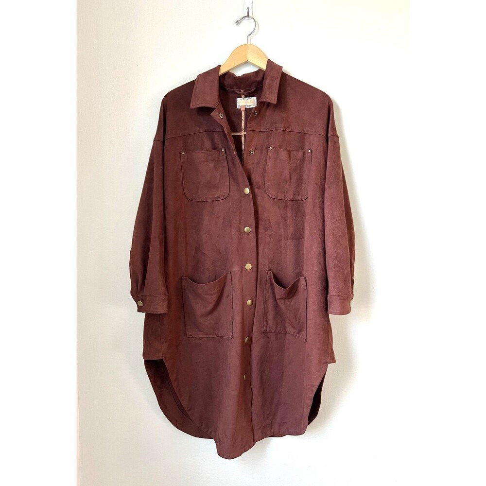 Anthropologie Pilcro Duster Faux Suede Warm Brown Snap Front Size M Jacket Artsy - Picture 2 of 11